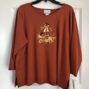 Alfred Dunner PM, PXL Classics Scarecrow Embroidered Fall Shirt Top 3/4 Sleevess